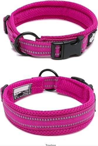 TRUE LOVE Padded Reflective Breathable Nylon Dog Collar, Fushcia, S
