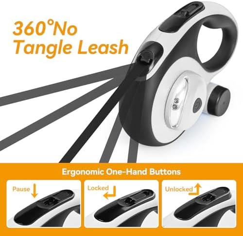 26ft Retractable Dog Leash for Large Dogs Up to 110lbs, LED Light, White