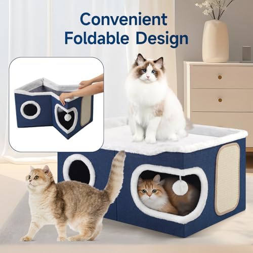 Shikha Extra Large Cat House Bed for Multi Cats with Scratch Pad Blue