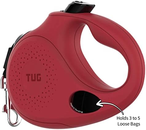 TUG Oval 360° Tangle-Free Retractable Dog Leash with Integrated Waste Bag Dispenser (Small, Red)