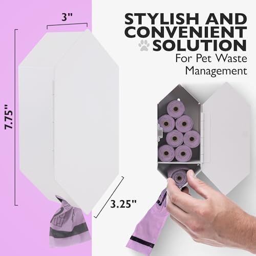 Dog Poop Bag Dispenser, Stainless-Steel and Powdercoated Black with Magnetic Door Latch, Indoor and Outdoor Rated, (Holds 8-9 Rolls-Not Included), 7.75" x 3.25", White