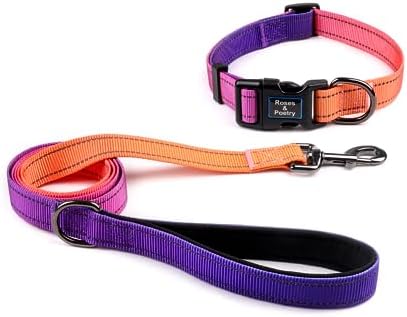 Roses&Poetry Reflective Dog Collar and Leash for Large Dogs, Purple Collars with Leashes Set, Adjustable Durable Pet Personalized Collars Leash for Medium Large Dogs （Mistyrose-L