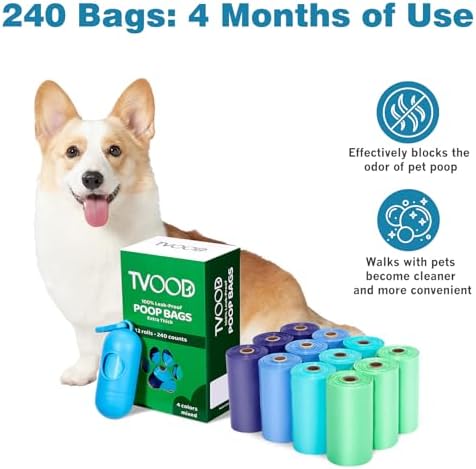 Dog Poop Bags Rolls 240 Count– Leakproof 4 Color for Mess-Free Pickup