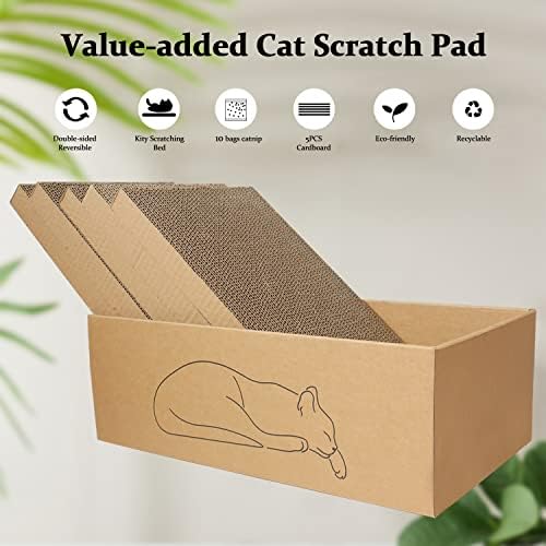 5 Packs in 1 Cat Scratch Pad with Box for Indoor Cats, Larger-Sized Durable Recyclable and Reversible Cardboard Cat Scratching Pad for Rest and Play