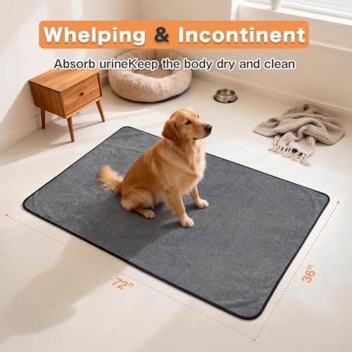 Washable Pee Pads for Dogs, Extra Large Reusable Dog Pee Pad, Waterproof Pet Mat, Dog Playpen Mats for Puppy Training Whelping Playpen Pads, Grey, 72x36 inch