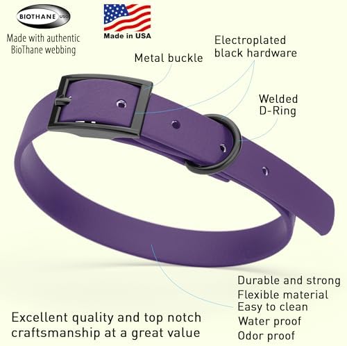 Dogline Biothane Waterproof Dog Collar Strong Coated Nylon Webbing with Black Hardware Odor- Proof for Easy Care Easy to Clean High Performance Fits Small Medium or Large Dogs, Violet Purple
