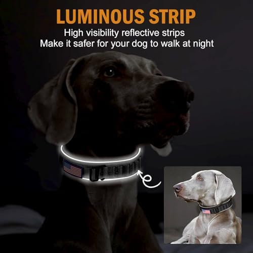 HYDEME Tactical Dog Collar, Alpine Loop Adjustable Military Training Nylon Dog Collars with Handle and Reflective for Small Medium Large Dogs, with Airtags Protective Case & Patches.(M,Black)