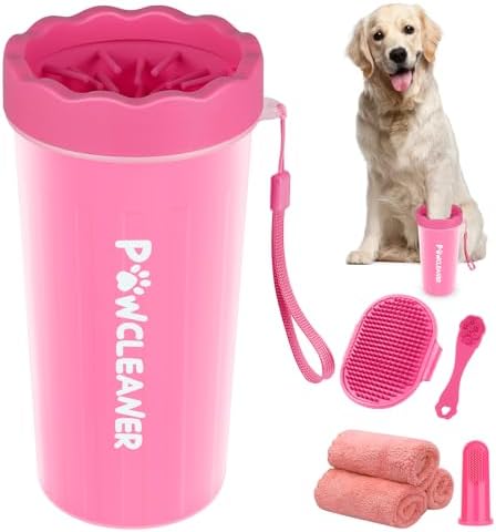 Professional 7 in 1 Dog Paw Cleaner for Dogs & Cats - Includes 1 Portable Paw Washer, 1 Bath Brush, 2 Dog Toothbrushes and 3 Absorbent Towels Note: Fits Paws 2.5 to 3.5 Inches Wide (Large, Pink)