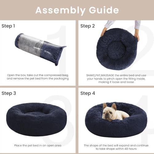 Love's cabin Calming Cat Bed for Indoor Cats, Anti-Anxiety Donut Round Dog Bed, Fluffy Faux Fur Washable Pet Bed for Small Medium Dogs and Cats, Navy, 20in