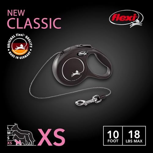 FLEXI® Classic XS Cord Retractable Dog Leash (Black)-10' for Extra Small,Tiny Dogs upto 18 lbs,Ultra Compact Pocket-Size,3-FingerGrip,German Quality,Tangle-Free,OneHand Brake,Pause & Lock (Pack of 12)