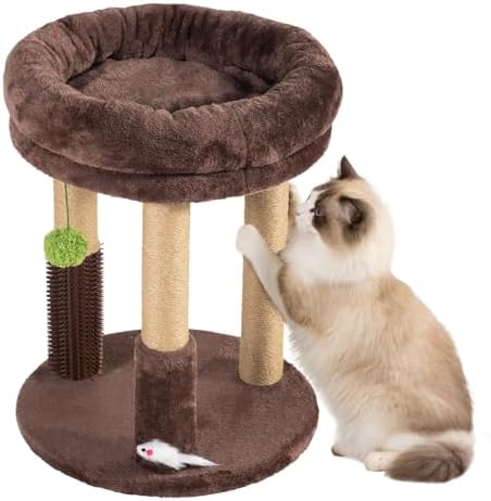 21” Tall Cat Scratching Post with Plush Cat Bed | Stable Cat Tree for Indoor Cats, Interactive Toy & Grooming Brush Included