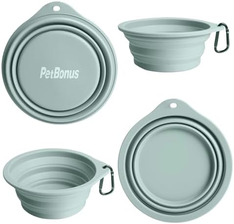 PetBonus 2-Pack Large Silicone Collapsible Dog Bowls, 34oz/1000ml BPA Free Portable Foldable Travel Bowl for Pet Cat, Food Water Feeding Dish for Camping with 2 Carabiners (Turquoise, Tan)