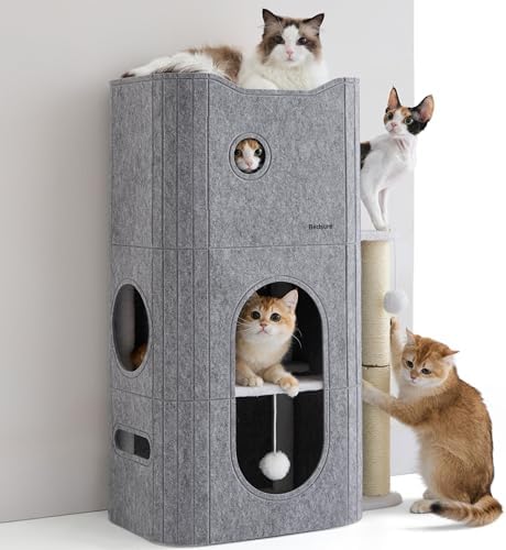 Bedsure 3-Level Cat Tree for Indoor Cats with Scratching Post,Grey