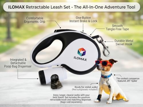 ILOMAX 360° Tangle-Free Retractable Dog Leash Built-in Waste Bag Dispenser Under Handle 2 Rolls Poop Bags Included Heavy Duty Tape Leash for Dogs up to 50kg Carry Pouch Included (White, XL)