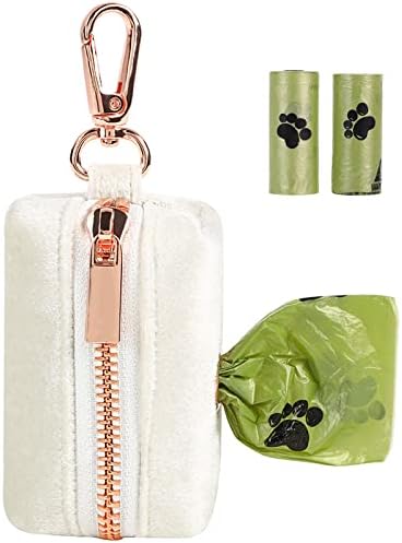ARING PET Velvet Dog Waste Bag Holder, White Doggy Poop Bags Dispenser Attach to Any Leashes, Portable Washable Pet Waste Pouch Dispenser with Metal Zipper