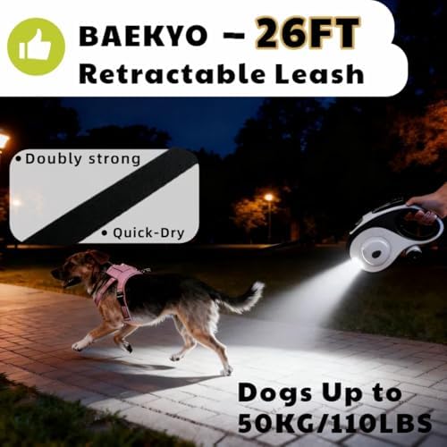 26ft Retractable Dog Leash for Large Dogs with Poop Bag Holder and LED Light,Heavy Duty Retractable Dog Leash with Chew Proof Extender,One-Hand Lock System,Impact-Resistant,Up to 110 lbs(Wihte)