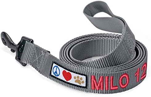 Pawtitas Personalized 6 ft Grey Dog Leash XXS/Cat Custom Name and Phone Embroidery Strong Nylon Leash for Small Breeds