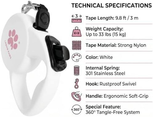Retractable Dog Leash (Small), 10ft Heavy Duty Nylon Tape for Dogs up to 33 lbs, One-Hand Brake & Lock, Tangle-Free, Compact Lightweight Design, White S GC-DAN