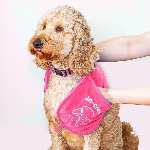 Paw Cleaning Towel for Dogs Dual Hand Pockets removes Dirt and Mud Absorbent Cotton Blend Also Great for Drying. Pink