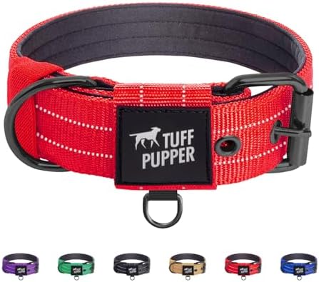 Tuff Pupper Heavy Duty Tactical Dog Collar | 1.25" Wide Ballistic Nylon | Reflective Stitching | Integrated ID Tag Holder | Stainless Steel Buckle | Padded Lining | Small & Medium Dogs (Red, Small)