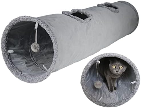 Cat Tunnel for Indoor Cats, 51×12 inch Foldable Big Cat Tunnel, Grey Suede Pet Tunnels with Two Peepholes and a Bubble Ball