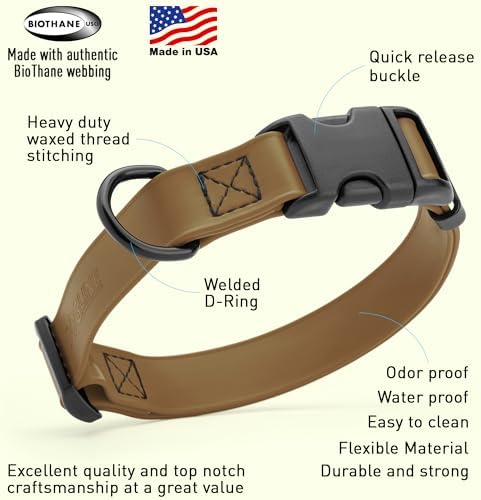 Dogline Biothane Waterproof Dog Collar with Quick Release Buckle Strong Coated Nylon Webbing with Odor- Proof for Easy Care Easy to Clean Fits Small Medium Large Dogs, Coyote Brown 5/8" W 10-14" L