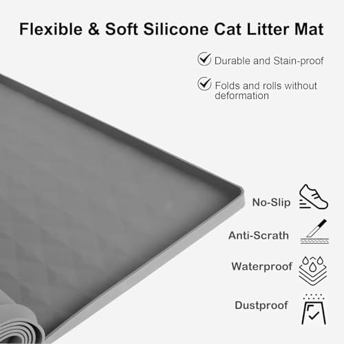 51"x 25.6" XXXL Waterproof Kitty Litter Silicone Box Mat,Cat Litter Mat Extra Large for Scatter Control, No-Slip Soft Pet Trapping Litter Rug Pad, Machine Washable, Dark Gray