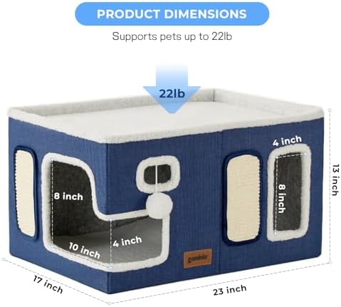 ZOMISIA Extra-Wide Cat House for Indoor Cats - Large Cat House for Pet with Fluffy Ball Hanging and Scratch Pad, Foldable Cat Hideaway for Multi Cats, 23x16.5x13 inches, Navy