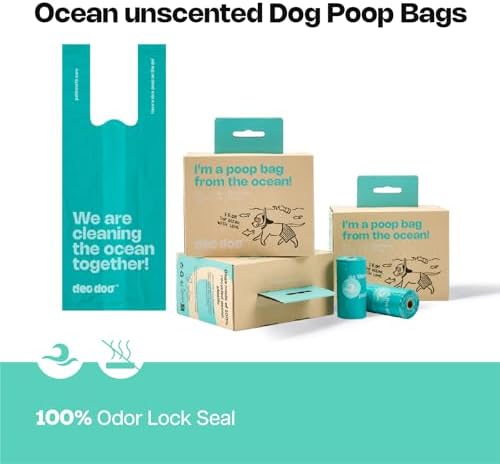 Deo Doo Dog Poop Bags with Handles 144 Bags, Ocean-Recycled, Unscented