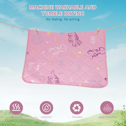 IEUUMLER Washable Pee Pads for Dogs, 2 Pack Non-Slip & Waterproof Pack Whelping Pad, Reusable Washable Puppy Potty Training Pad with Fast Absorbent for Playpen EU007 (Pink Dinosaur, 24"X18"-2pcs)
