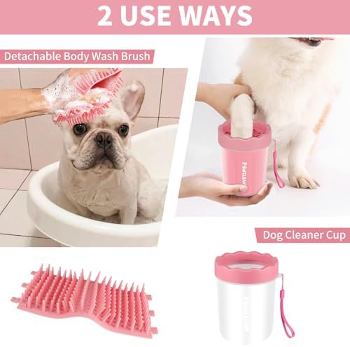 Professional 7 in 1 Dog Paw Cleaner for Dogs & Cats - Includes 1 Portable Paw Washer, 1 Bath Brush, 2 Dog Toothbrushes and 3 Absorbent Towels Note: Fits Paws up to 2 Inches Wide (Small, Light Pink)