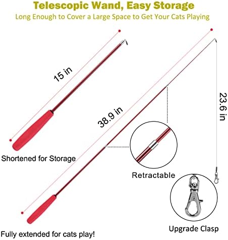 Qpets® Cat Toys Set of 11 Cat Teaser Wand Toy with 2 Retractable Teaser Wand, 5 Feather Teaser Toy, 4 Worm Teaser Cat Toy Interactive Cat Toy Wand Kitten Toys for Indoor Cats to Play Chase Exercise