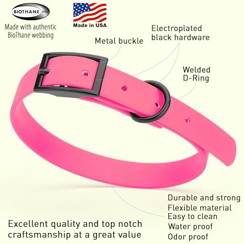 Dogline Biothane Waterproof Dog Collar Strong Coated Nylon Webbing with Black Hardware Odor- Proof for Easy Care Easy to Clean High Performance Fits Small Medium or Large Dogs, Passionfruit Pink