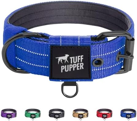Tuff Pupper Heavy Duty Tactical Dog Collar | 1.25" Wide Ballistic Nylon | Reflective Stitching | Integrated ID Tag Holder | Stainless Steel Buckle | Padded Lining | Small & Medium Dogs (Blue, Small)