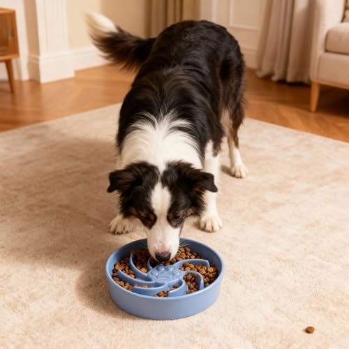 Ceramic Slow Feeder Dog Bowl, 3 Cup Dog Food or 25oz Water, Slow Eating Bowl for Middle Breed, Maze Puzzle Feeder for Fast Eaters, Anti-Choking Stop Bloat, Non-Slip BPA Free (Blue)
