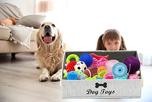 Geyecete Large Dog Toys Storage Bins-Foldable Fabric Trapezoid Organizer Boxes with Weave Rope Handle,Collapsible Basket for Shelves,Dog Apparel(Gray-Dog)