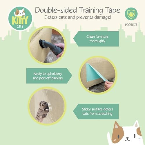 Kitty City Cat Scratch Furniture Protector Tape – 12 Large Clear Double-Sided Sticky Sheets – Cat Scratch Deterrent & Training Tape for Couch, Sofa, Chairs & Walls – Non-Toxic, Residue-Free