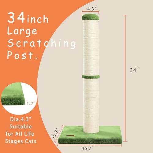 Karolpar 34inch Cat Scratching Post with Natural Sisal Rope 4.3Inch Large Diameter Scratcher Post Tree for Indoor Cats Green