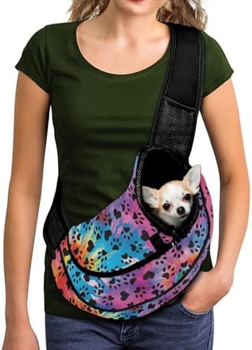 COEQINE Dog Walking Bag Crossbody Carrier Sling for Pet Cute Tie Dye Paw