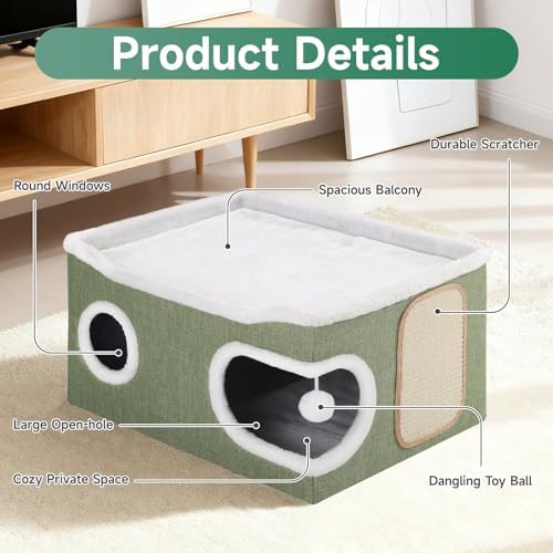 Shikha Extra Large Cat House Bed for Multi Cats with Scratch Pad Green