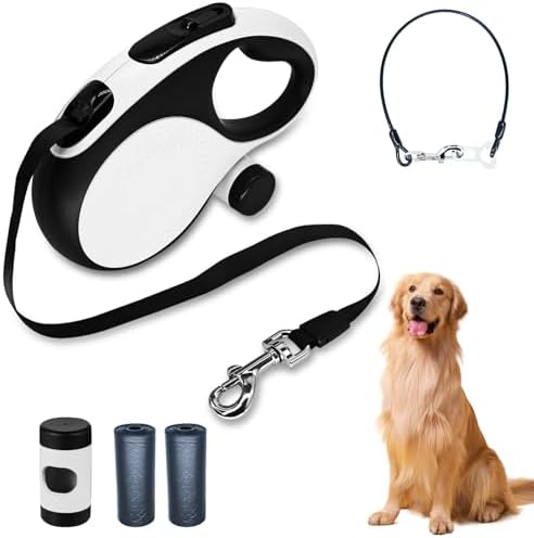 Retractable Dog Leash with Chew Proof Cable,26Ft Heavy Duty Dog Leash for Medium Large Dogs up to 110lbs,360°No Tangle,One-Handed Brake,Pause,Lock(White)