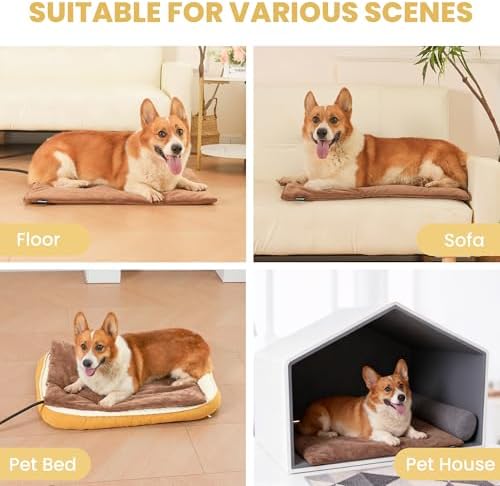 Pet Heating Pad for Cats Dogs Indoor & Sheltered Outdoor Waterproof Heated Cat Bed Heated Dog Bed Chew Resistant Cord Constant Temperature Electric Warming (Brown, L: 26" × 20" × 1.3")