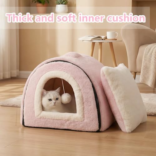 Cat Bed for Indoor Cats，Foldable cat cave，Anti-Slip & Water-Resistant Bottom，cat Houses for Indoor Cats or Small Dogs, Kitten Tent, Rabbit Bed (Pink, L:(17.5"×16.9"×15.9"))
