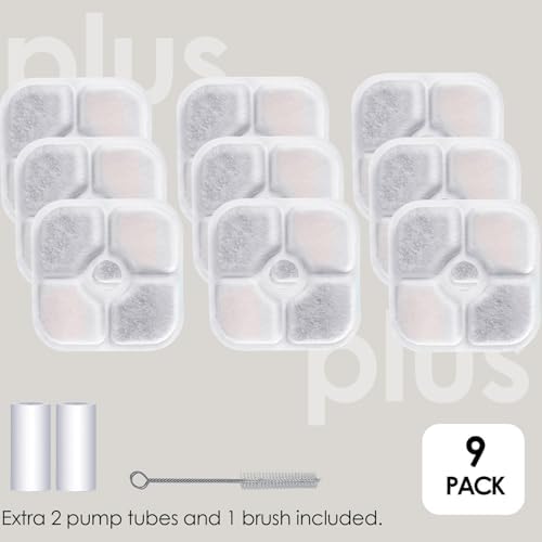 9-Pack Cat Water Fountain Filter Compatible With Cat Pixi Water Fountain Filter Replacement Triple Action Water Filter, 2 Pump Tubes 1 Hard Brush