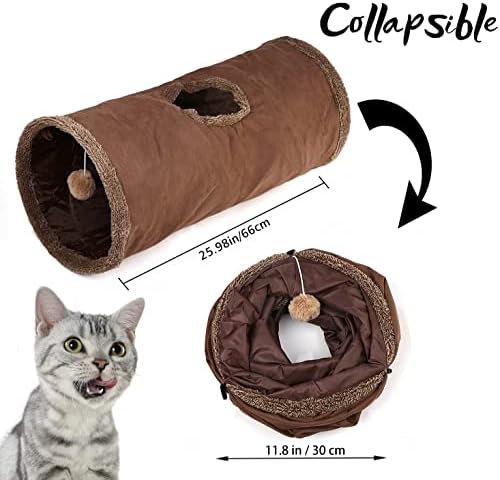 LeerKing Cat Tunnel 26"(L) Dia 12" Tubes and Tunnels connectable with Large Crinkle Hide and Seek Toy for Bunny Puppy, Brown