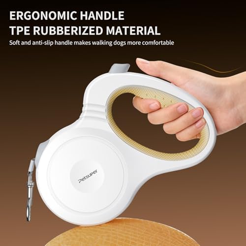 16Ft Retractable Dog Leash, One-Hand Brake Lock, 360° Tangle-Free Swivel, Sturdy Nylon Tape, Ergonomic Grip Handle for Small Medium Large Dogs (White)
