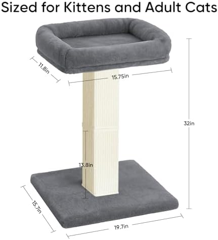 Cat Scratching Post with Plush Perch for Indoor Cats, 32 Inch, Grey