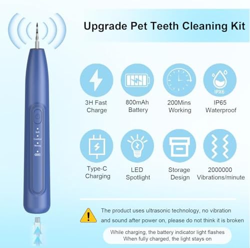 Ultrasonic Dog Plaque Remover Tool, 3 Modes Plaque and Tartar Remover for Dogs, Low Noise Sonic Dog Tartar Remover Dogs Plaque Remover with Toothbrush 2 Cleaning Head for Pet Dental Care