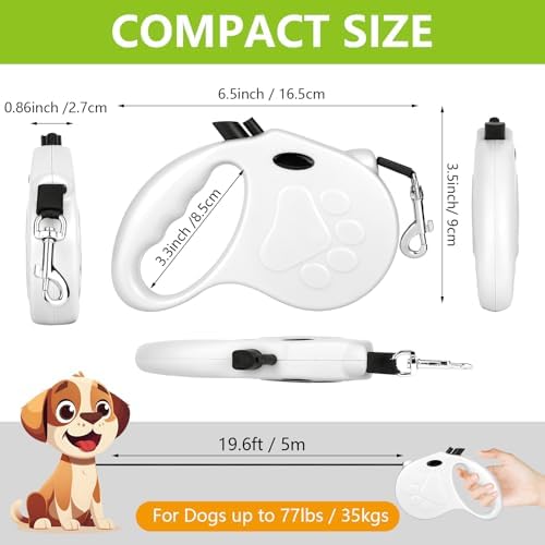 Retractable Dog Leash, 16ft Dog Walking Leash for Small Dogs up to 77lbs, Non-Slip Handle - White