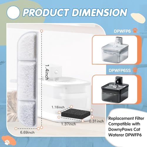 16 Packs Replacement Filters Compatible with Downy Paws Cat Water Fountain - Triple Filtration Filters for DownyPaws 84oz/2.5L Wireless Pet Fountain DPWFP6 (16 Filters & 16 Sponges)